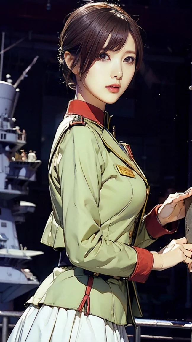   girl、Earth Federation Operator Female Soldier 、 black short hair 、 As cute as an idol 、ish face and appearance、Accurately drawn faces、thin、Skirt Earth Federation Uniform 、Inside the bridge of a battleship、 Low Angle Shot 、 anatomically correct 、Accurate Fingers、 accurate rim buster piece 、 Photorealization 