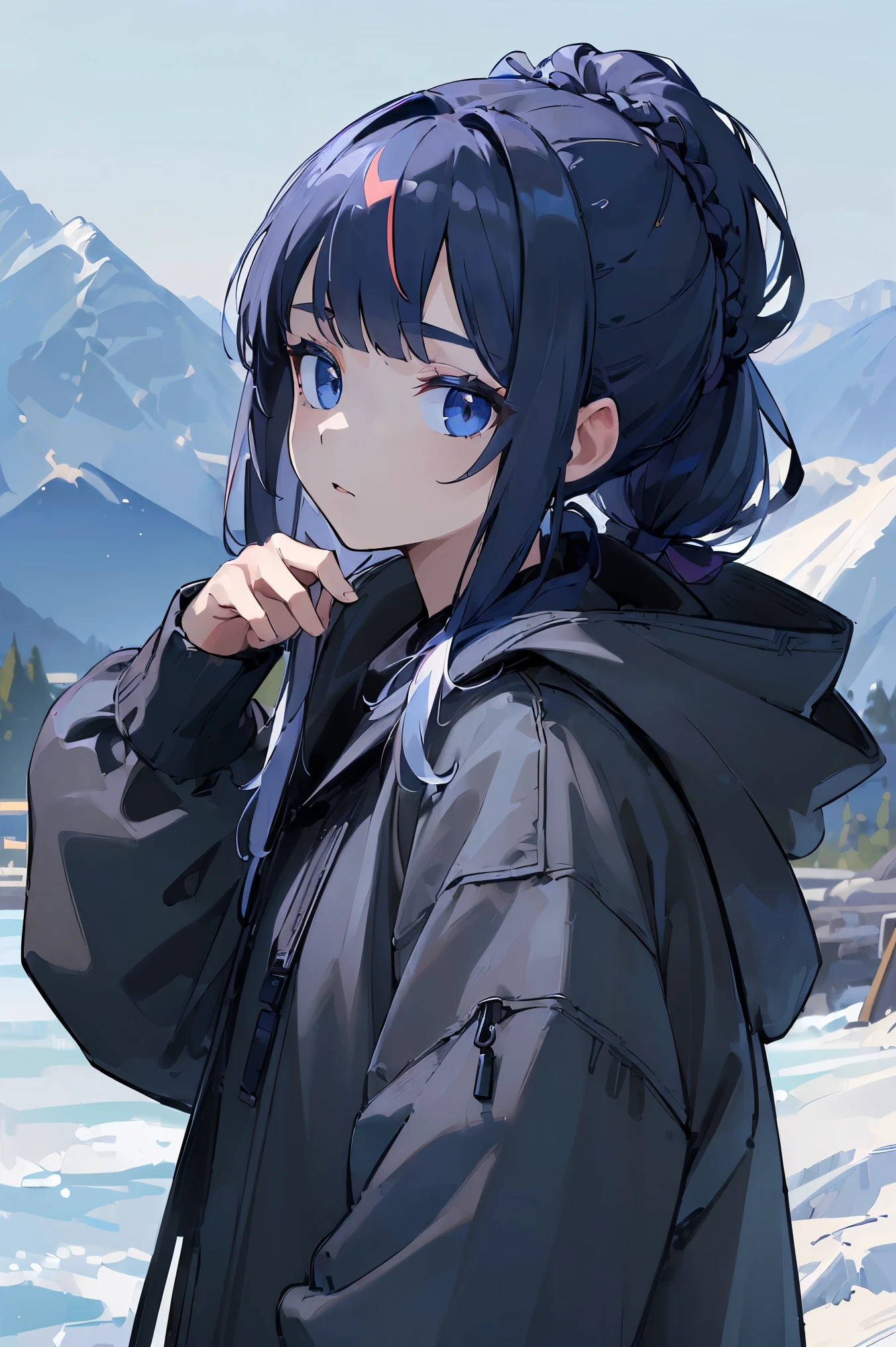 (((Best quality, 8k, Masterpiece: 1.3)), ((best quality)), ((masterpiece)), (detailed), perfect face, perfect body, (detailed skin:1.3), (intricate details), streaked hair, braided ponytail, navy blue mountain parka, outerwear, women's, fleece, hood, outdoor