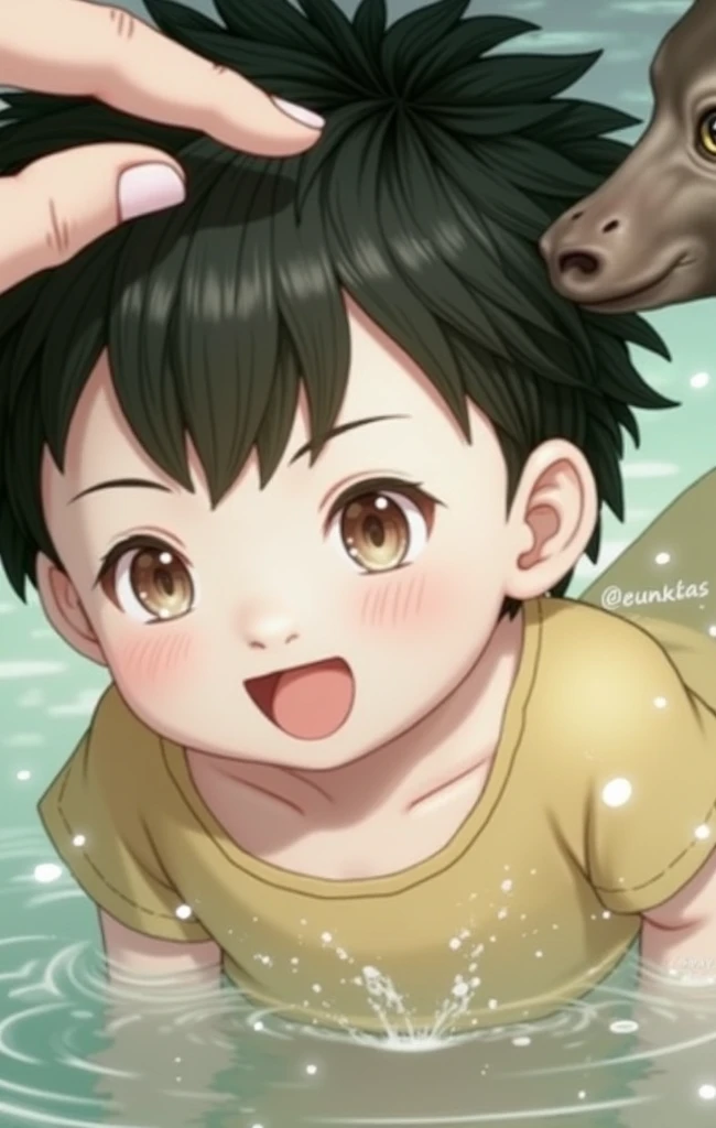 ((Han-like)), beautiful, (very short hair), (pudgy face), nipples, (belly button), ((boyish)), (cute), (chubby), belly, (sexly), (thick), (beefy), ((mischievous)), (handsome), muscular, (naughty smile), (Canines are visible), (swimsuits), (in beach), (Peeping), (Open your mouth), (Crouch down)