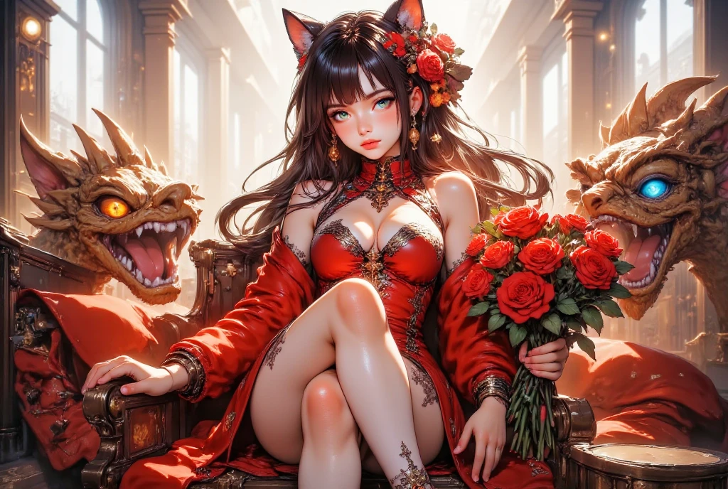 Beautiful 26-year-old woman of oriental race wearing a beautiful corset with lace and red and black colors, adorned with yellow butterflies --auto