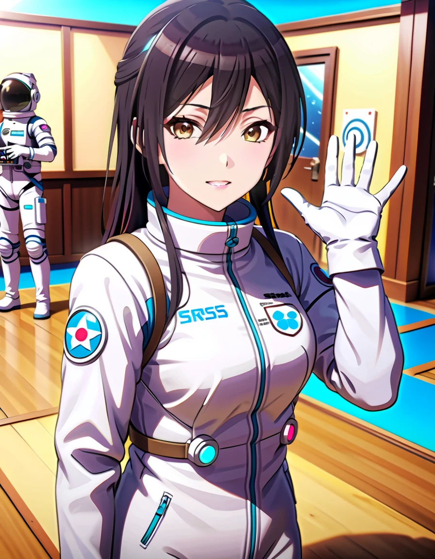 (spacesuit:1.15), white cargo pants, astronaut)bubble helmet, space helmet, white gloves , , looking close at you, classroom, sunlight from the windows, standing, masterpiece, best quality, 1girl, beautiful, solo, , shirase sakuya, srssky, black hair, straight hair, bangs, yellow eyes, large breasts, happy, waving, holding spacehelmet, fullbody