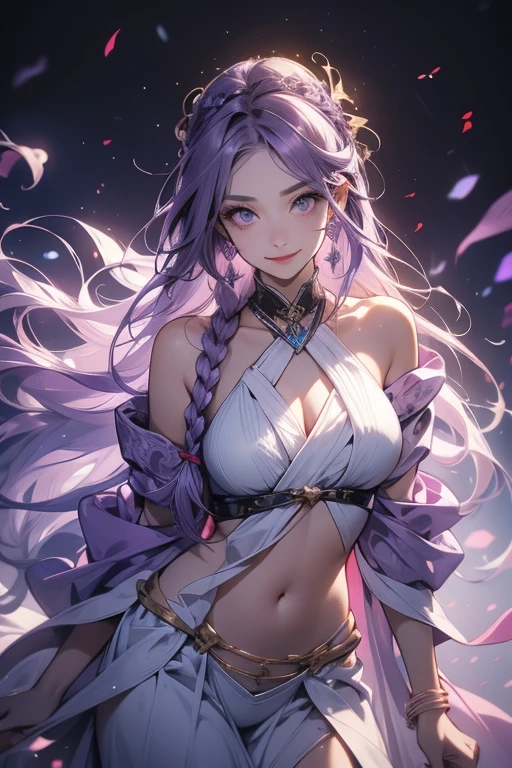 1 person, Blunt bangs, Braiding, Wide sleeves, hair ornaments,Obi says, (Purple Hair:1.2), Very long hair, Straight hair, Looking at the audience, Highly detailed background, (Realistic:1.2), Beautiful Eyes, Red eyeshadow, thigh, (Urzan-6500:0.7), Upper Body, (alone:1.2),Cleavage,,Glowing Skin、(Navel exposed).((Face close-up))、((smile))、(White lace outfit).((Surprised face))、((Daytime)).