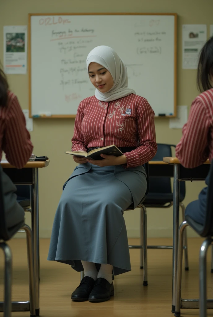  a beautiful young Indonesian woman  ((big boobs 2 .3)) sit on a chair. read a book )). ((Wearing Islamic hijab covering the neck color white )) ((shirt pocket on the left breast )). (( buttoned shirt Indonesian high school uniform floral stripe pattern red color)).  Skirt up to calf color blue to ash)) (( wears black school belt )). ((feet wearing black shoes.)) socks white to calf )). ((  inside a school classroom  )).  Large and wide whiteboard background hanging on the classroom wall. A whiteboard full of mathematical formulas. full body. ((look down)) Looking at the book . (( Rough colored Cctv footage . Warm light .  Low light.))