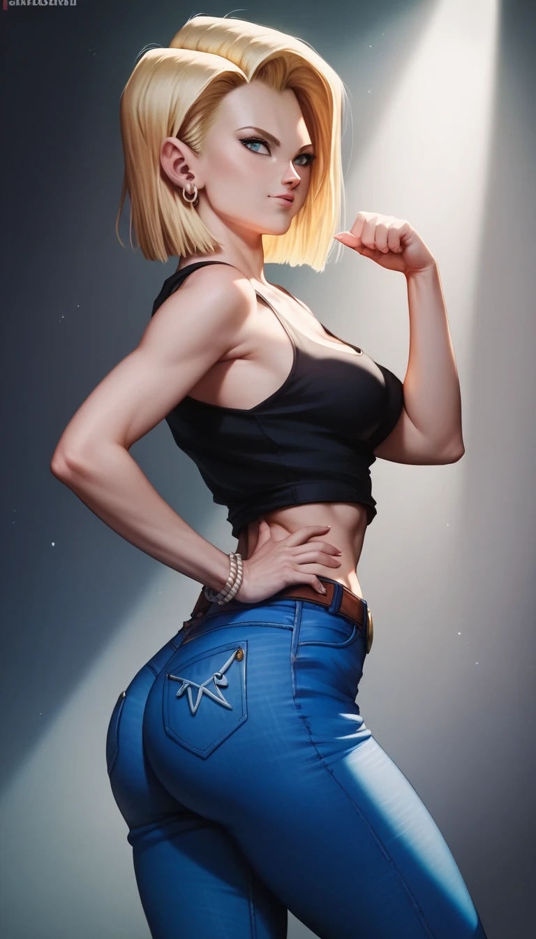 a beautiful android 18, wearing a sleeveless black tank top, tight jeans, blonde hair, extremely detailed pose highlighting her buttocks, photorealistic, 8k, highest quality, smooth skin, detailed facial features, dynamic lighting, cinematic composition