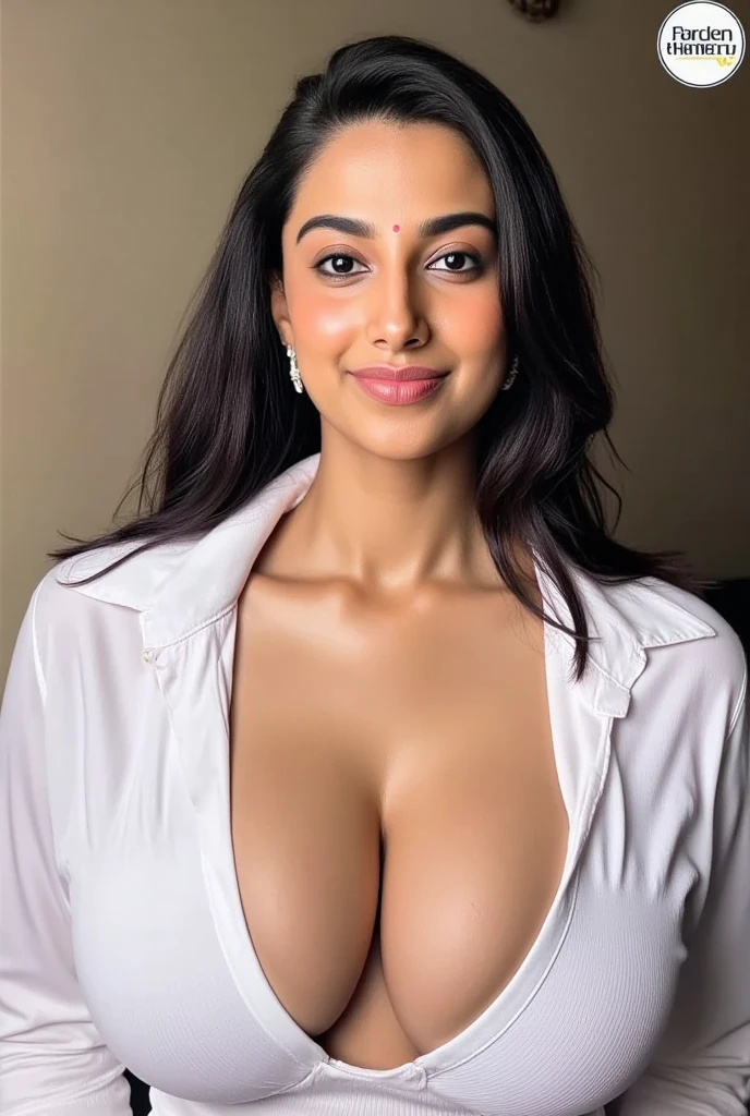 front view,meenakshi chowdary,body facing to camera,big boobs,full body,clevage,front view,indian,white shirt with top two buttons open,v-shaped bra,deep cleavage, standing position,curvy body,body facing to camera and face smile, indian,High Resolution, 