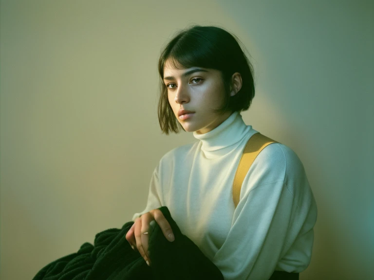 A stunning intricate full color entire body, 80kg, (sks woman:1), wearing a black turtleneck, epic character composition, by ilya kuvshinov, alessio albi, nina masic, sharp focus, natural lighting, subsurface scattering, f5,6, 80 mm, film grain, mid-size film format, short hair, baggy cloths