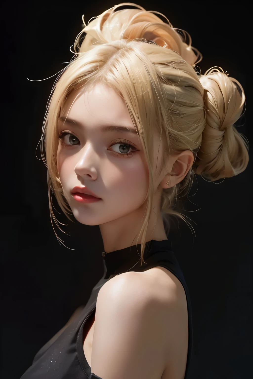 a 20 yo woman, blonde, (High-Top Fed:1.3), dark theme, soothing tones, muted colors, high contrast, (natural skin texture, hyperrealism, Soft light, sharp)