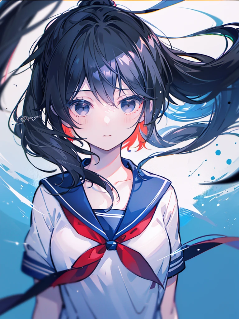 masterpiece, best quality, 1girl, osana, Medium length hair and black ponytail, black hair, black eyes, school uniform, serafuku, blue sailor collar, white sailor shirt, red neckerchief, short sleeves, blue pleated skirt, black thighhighs, black shoes, arms behind back,