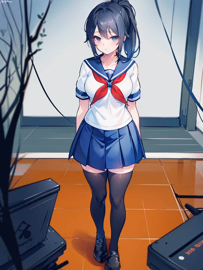 masterpiece, best quality, 1girl, osana, Medium length hair and black ponytail, black hair, black eyes, school uniform, serafuku, blue sailor collar, white sailor shirt, red neckerchief, short sleeves, blue pleated skirt, black thighhighs, black shoes, arms behind back,