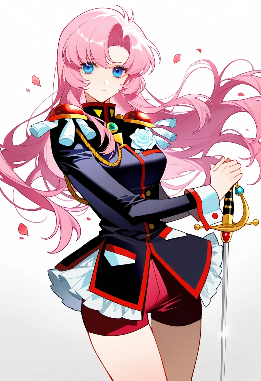 1girl, black_jacket, blue_eyes, brooch, buttons, cowboy_shot, epaulettes, falling_petals, floating_hair, flower, frilled_jacket, frills, glint, holding, holding_sword, holding_weapon, jacket, jewelry, koiliblikas, long_hair, long_sleeves, looking_at_viewer, parted_bangs, petals, pink_hair, purple_shorts, rapier, rose, shorts, shoujo_kakumei_utena, simple_background, solo, standing, sword, tenjou_utena, weapon, white_background, white_flower, white_rose, sfw, masterpiece, best quality, very aesthetic, absurdres