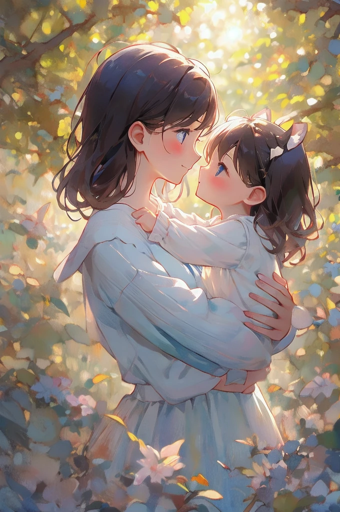 1 Female\(Cat ears,beautiful, so cute,I'm holding a kitten in my arms and pressing my face against it, white skin,Clothes that are fluffy and roomy,Lolita, \),Right side,Side view,background\(,autumn, sunlight filtering through the trees,\),  soft light,Watercolor, 、(masterpiece:1.2,  best quality, ), Synchrotron radiation,