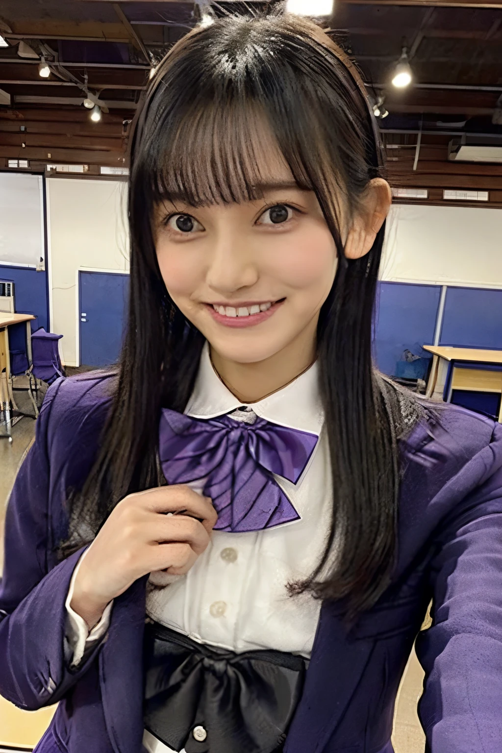 black hair、 straight hair、With bangs、smile、Beautiful breasts、 slim body、Purple bow tie、purple blazer jacket 、I'm wearing a whiteshirt inside、 plaid pleated miniskirt wearing a whiteShirt underneath、 standing in a classroom、In school
