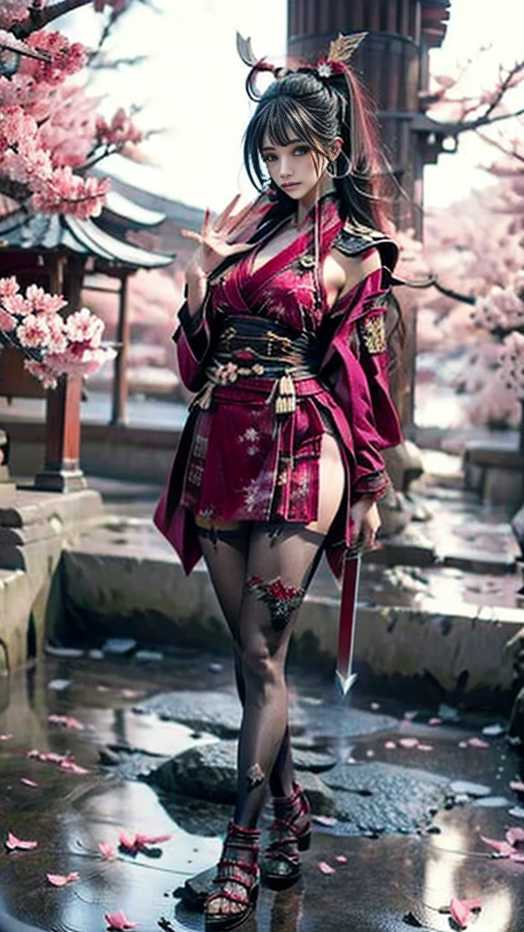  Sexy female character dressed as a warrior from the Sengoku period 、((toned body))、 toned body、 a sexy female character dressed as a warrior from the Sengoku period 、 The sakura-colored armor with a cherry blossom pattern engraved on it is a bikini type and is designed to accentuate chest exposure、 wearing a pink cloak 、 sakura-colored super miniskirt 、A shin guard with cherry blossom petals engraved on it、red high leg underwear、Sakura-colored tights 、 absolute domain、(full body)、((dynamic angle)) 、((  is waving a sword))、 Strong yet elegant atmosphere 、She holds a sword with sharp eyes 、 facing the front、 that is still ready to take on the battle 、 The background is a battlefield with cherry blossoms scattered all over 、 she has plump breasts and plump thighs 、 Super high resolution and realistic touch 、 shiny armor and fabric texture 、 depicts dynamic poses in every detail 、