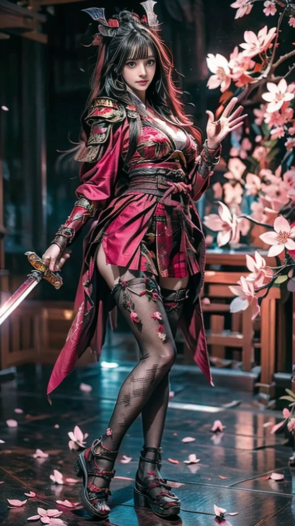  Sexy female character dressed as a warrior from the Sengoku period 、((toned body))、 toned body、 a sexy female character dressed as a warrior from the Sengoku period 、 The sakura-colored armor with a cherry blossom pattern engraved on it is a bikini type and is designed to accentuate chest exposure、 wearing a pink cloak 、 sakura-colored super miniskirt 、A shin guard with cherry blossom petals engraved on it、red high leg underwear、Sakura-colored tights 、 absolute domain、(full body)、((dynamic angle)) 、((  is waving a sword))、 Strong yet elegant atmosphere 、She holds a sword with sharp eyes 、 facing the front、 that is still ready to take on the battle 、 The background is a battlefield with cherry blossoms scattered all over 、 she has plump breasts and plump thighs 、 Super high resolution and realistic touch 、 shiny armor and fabric texture 、 depicts dynamic poses in every detail 、