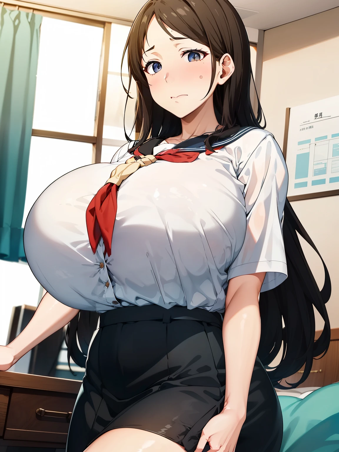 (超 high definition ,  very detailed, 8k,  high definition ,  absurd:1.2),  40 year old Japanese woman,  Tall, Long black hair,  beautiful character design,   beautifully detailed eyes borrowed from my daughter,  perfect face,  expressive eyes,  Brown Eyes , ( embarrassed face :1.4), ((School Sailor Uniform,  Navy Blue Skirt)), ( huge breasts:1.4), cowboy shot from Niigata, In the living room, Daytime