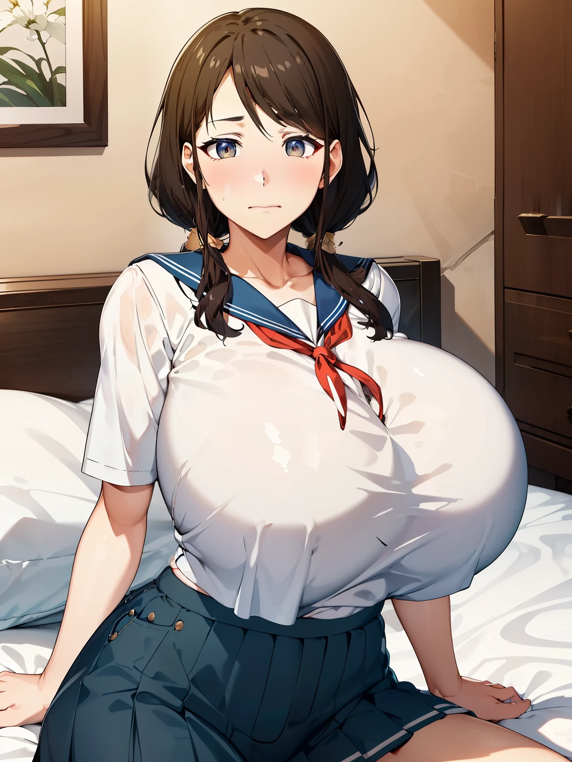 (超 high definition ,  very detailed, 8k,  high definition ,  absurd:1.2),  40 year old Japanese woman,  Tall, Long black hair,  beautiful character design,   beautifully detailed eyes in my daughter's room,  perfect face,  expressive eyes,  Brown Eyes , ( embarrassed face :1.4), ((daughter clothes ,  cute white sailor suit,  Dark Blue Pleated Skirt , Navy blue sailor collar, Sailor scarf, socks,  brown loafers)), ( huge breasts:1.4), cowboy shot, In the living room, Daytime