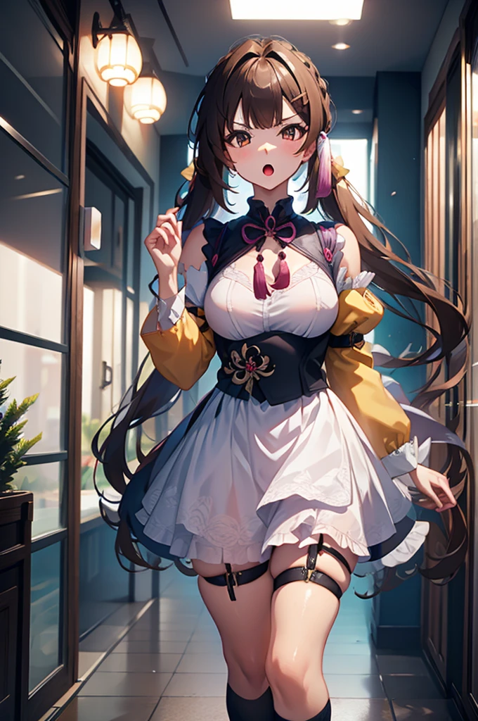 a cute femboy , sushang , long hair, twintails, darkbrown hair, big breasts, wearing a japan maid dress , white pantyhose, hairclip, open mouth, standing in a cafe at night time.