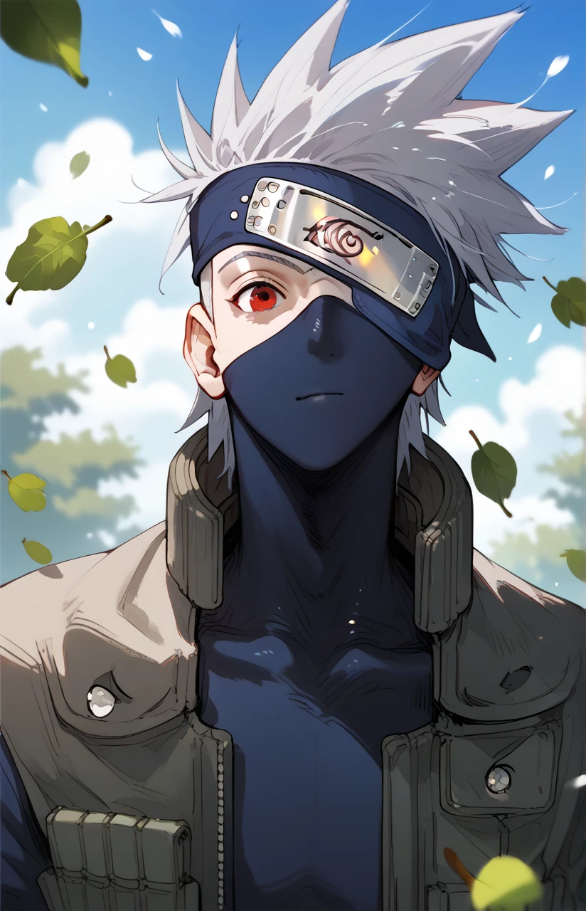 Score_9, Score_8_superior, Score_7_superior, Score_6_superior, Score_5_superior, Score_4_superior, (Anime NARUTO),  1 person ,Handsome,Angled,Sharp perspective,sight induction,shortage々A fresh brush stroke,Asymmetrical performance with fluttering leaves,Kakashi Hatake,Silver Hair,Black Mask, bodybuilder, shirtless, long bulge, red eyes, kakashi's face, mouth mask, looking at viewer 