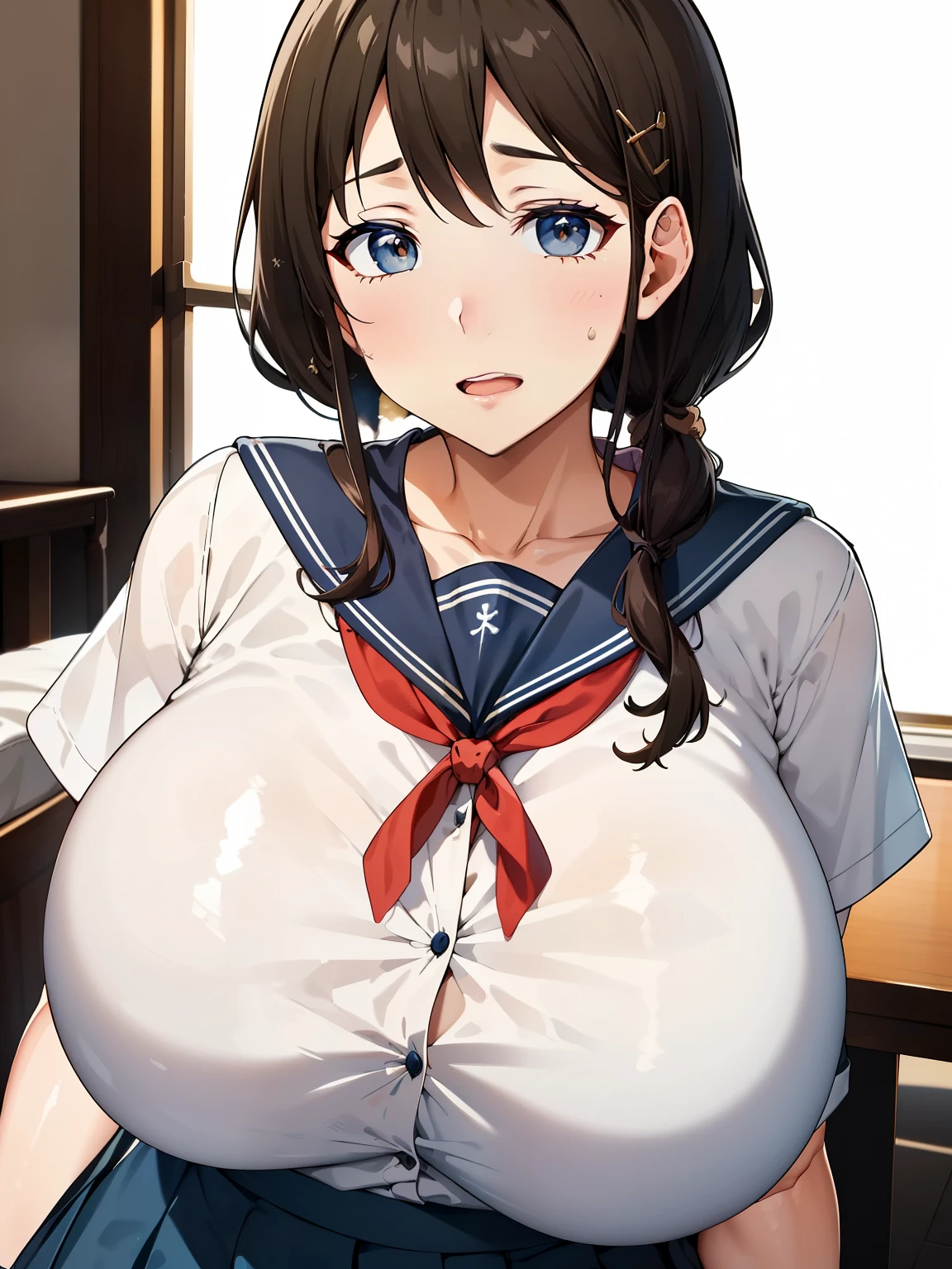 (超 high definition ,  very detailed, 8k,  high definition ,  absurd:1.2),  40 year old Japanese woman,  Tall, Long black hair,  beautiful character design,   beautifully detailed eyes in my daughter's room,  perfect face,  expressive eyes,  Brown Eyes , ( Surprised Face  :1.4), ((daughter clothes ,  patty white sailor suit,  Dark Blue Pleated Skirt , Navy blue sailor collar, Sailor scarf, socks,  brown loafers)), ( huge breasts:1.4), cowboy shot, In the living room, Daytime