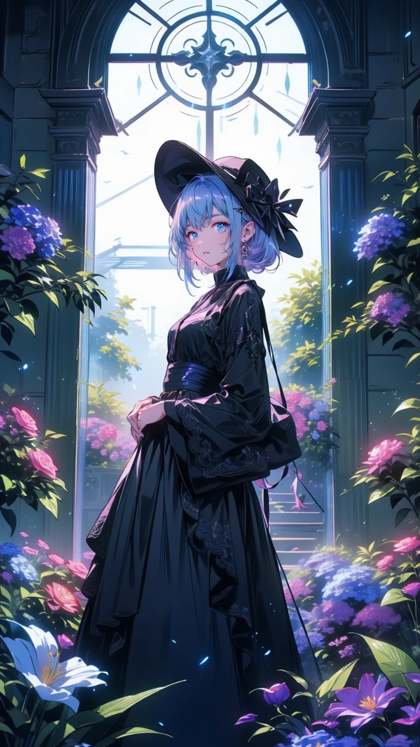 ネオゴススタイルの   girl, Wearing a black dress and a white collar, Wearing a black hat 、  Wearing heavy makeup  ,   She's standing in an enigmatic garden   、Surrounded by vines   .  dark purple flowers are in full bloom in the garden   .、Gothic architecture in the background。.   girl&#39;Iの髪は黒色、   her hair is long braided   .、   red roses blooming next to her   。. Her eyes are sharp、It&#39;stabbing.,  Thick black eyeliner and 、 Red roses blooming beside her long eyelashes   .   she has white skin  .、Lips bright red.. The atmosphere is gloomy and eerie, Dim lighting casts long shadows.    This work is a combination of digital illustration and photography.., result、そのresult、Incredibly high resolution images。. Most colors are dark、I&#39;kind,  Dark red and purple exude intense beauty   ..    The overall style is neo-gothic    ., Horror,   portrait photo   ,   creates a unique and fascinating visual experience   .Dark Imagery