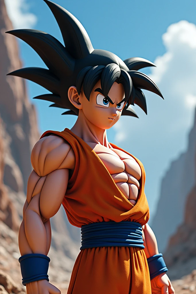(Eine detaillierte Zeichnung von Son Goku, bodybuilding gym.), shirtless, barefoot