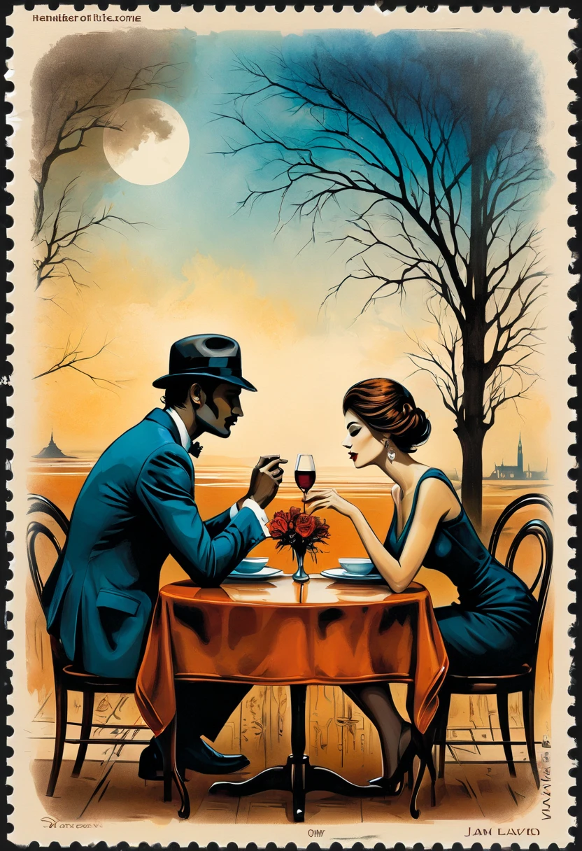 A man and a woman sitting facing each other at a table, intimacy, Intimate closeness, Chic colors. vector Stamp Art. Inspired by Jan Zrzavý art, by Robert Peak, by Leonard Long, by Paul Mavrides. esao andrews art, drawing