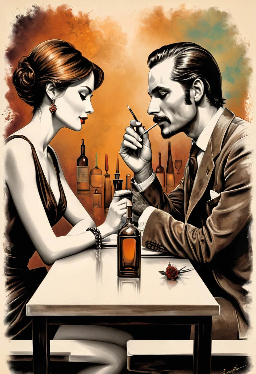 A man and a woman sitting facing each other at a table, intimacy, Intimate closeness, Chic colors. vector Stamp Art. Inspired by Jan Zrzavý art, by Robert Peak, by Leonard Long, by Paul Mavrides. esao andrews art, drawing