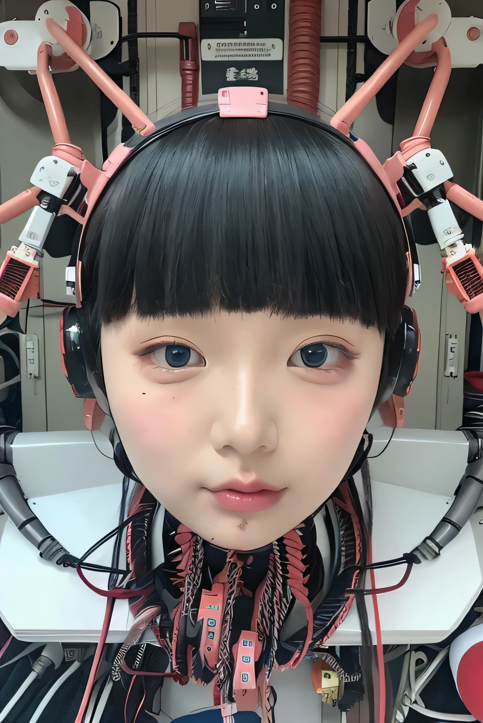 masterpiece, best quality, extremely detailed,portrait,front view,Japaese android girl,Plump,pastel color uniform, control panels,android,Droid,Mechanical Hand, Robot arms and legs,Blunt bangs,long tube,thick cable connected her neck