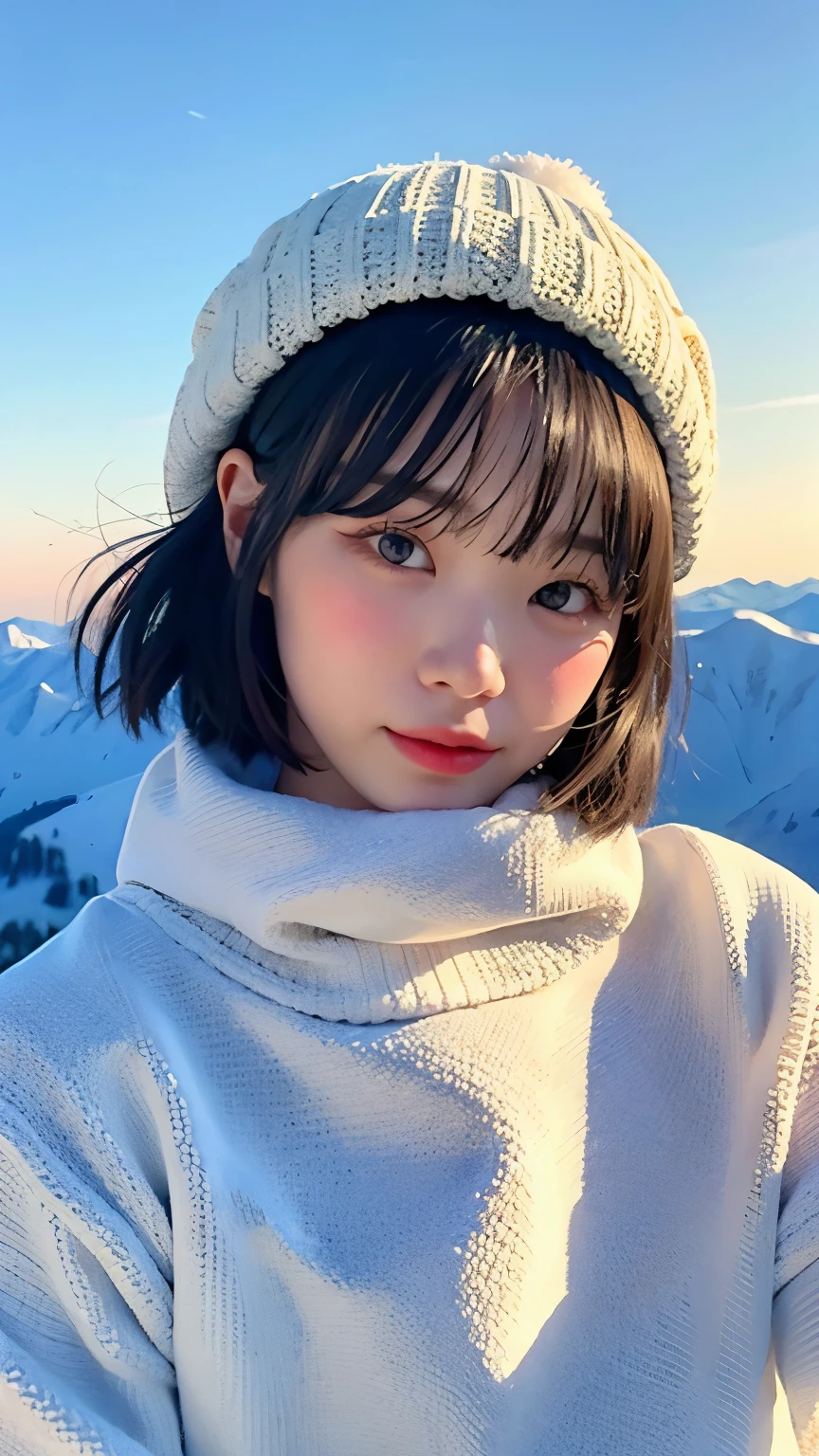 A scenic winter illustration of a woman with a short bob hairstyle, standing atop a snowy mountain ridge. She wears a thick knit sweater and a folded knit hat that complements her hairstyle. The hat and sweater contrast beautifully against the white snow. The dramatic backdrop of towering, sunlit peaks and her short bob hair moving slightly in the cold wind convey the raw beauty of winter.