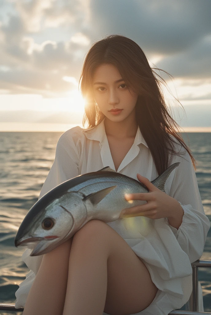 a Sweet Thai girl around 20 year old with long hair, a cleavage white dressed in ruffled hem chemise lingerie, chilling pose,  she holding a large tuna fish with her both hands ,on a fishing boat, ocean beach  background , dark theme , sun light, Kodak Gold 200 film