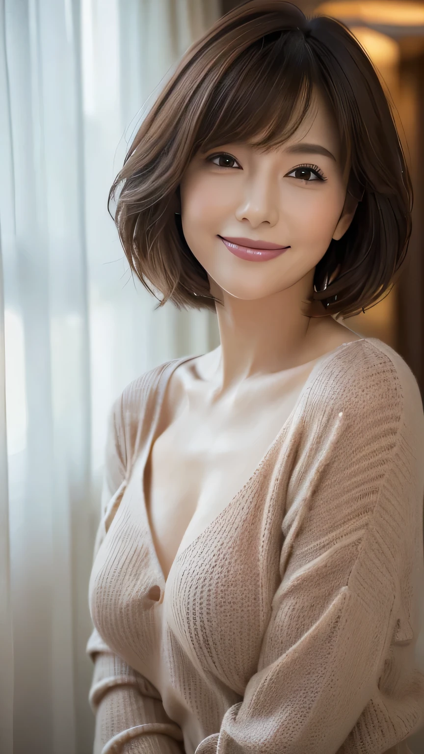 ((Realistic Light, Highest quality, 8k, Tabletop: 1.3)), 1 girl, Brunette Pixie Cut, Large Breasts, (Summer Sweater), Highly detailed face, Beautiful Eyes, double eyelid, grin, (Elegant), Relax, (My Room)