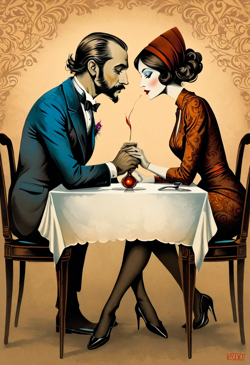 A man and a woman sitting facing each other at a table, intimacy, Intimate closeness, Chic colors. vector Stamp Art. Inspired by Jan Zrzavý art, by Robert Peak, by Leonard Long, by Paul Mavrides. esao andrews art, drawing