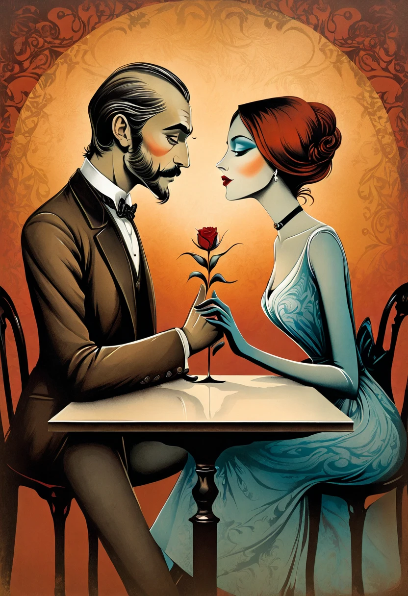 A man and a woman sitting facing each other at a table, intimacy, Intimate closeness, Chic colors. vector Stamp Art. Inspired by Jan Zrzavý art, by Robert Peak, by Leonard Long, by Paul Mavrides. esao andrews art, drawing