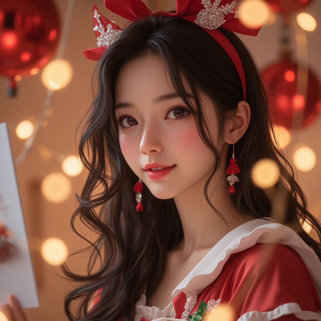 1 girl, (big round eyes:1.15), (Highly detailed beautiful face), smile, (highest quality:1.4), 8k wallpaper that integrates high-definition CG, RAW photo, professional photos, cinematic lighting, flower hair ornament, ribbon, (valentine's day, valentine gift, Chocolates in a cute box:1.3), Depth of bounds written