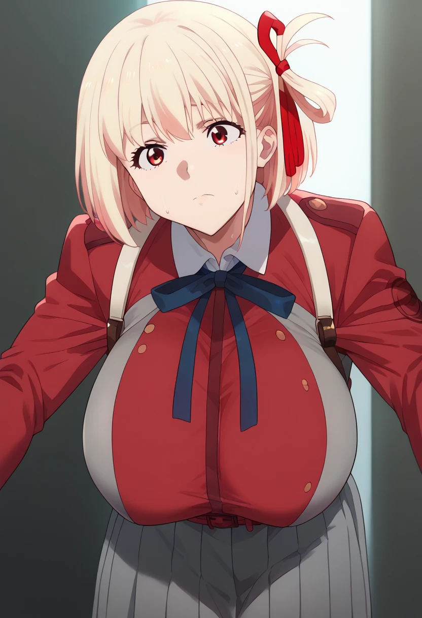 Hyper realistic, chisato nishikigi, short hair, bangs, blonde hair, red eyes, hair ribbon, one side up, bob cut, perfect face, perfect lighting,、, thicc،, huge  breasts, sweat,、shirt, long sleeves, dress, ribbon, white shirt, collared shirt, belt, neck ribbon, red dress, blue ribbon, pleated dress, grey dress, two-tone dress, red belt, lycoris uniform, hanging breasts、grabs breasts