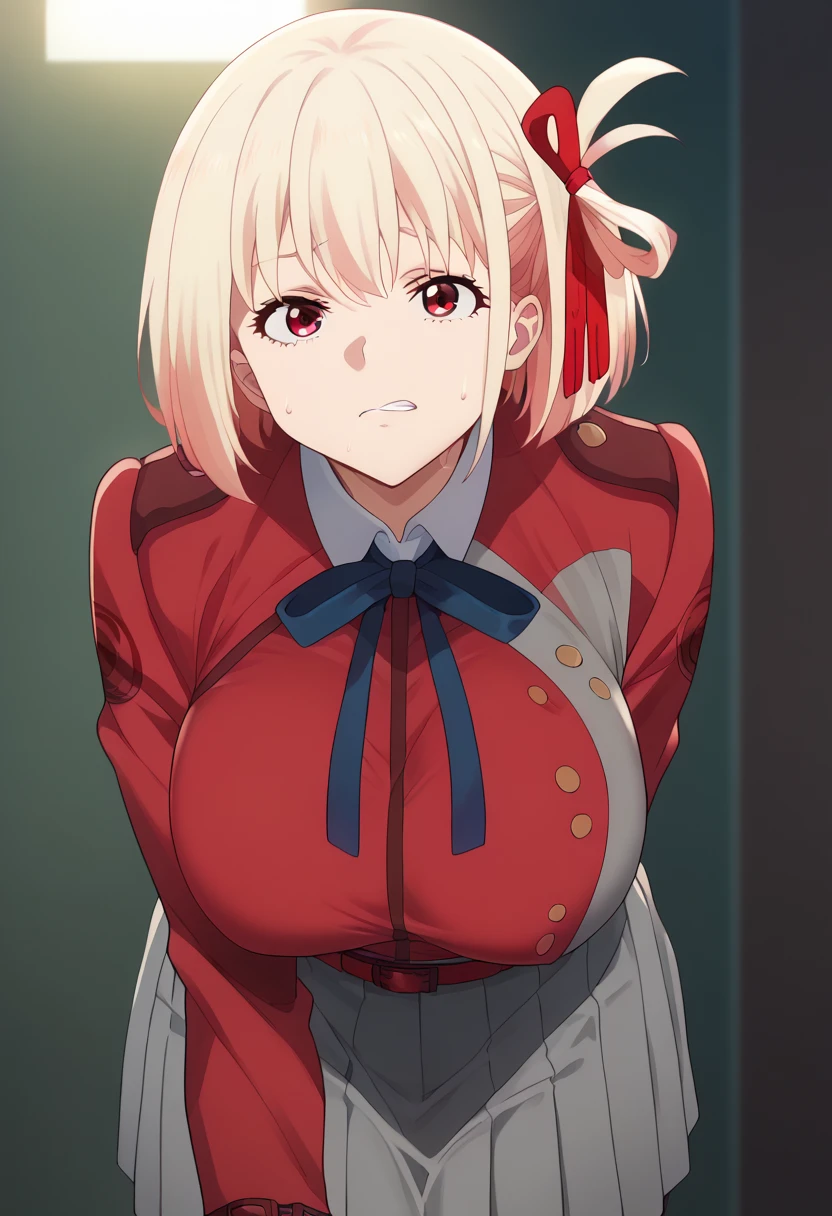 Hyper realistic, chisato nishikigi, short hair, bangs, blonde hair, red eyes, hair ribbon, one side up, bob cut, perfect face, perfect lighting,、, thicc،, huge  breasts, sweat,、shirt, long sleeves, dress, ribbon, white shirt, collared shirt, belt, neck ribbon, red dress, blue ribbon, pleated dress, grey dress, two-tone dress, red belt, lycoris uniform, hanging breasts、grabs breasts