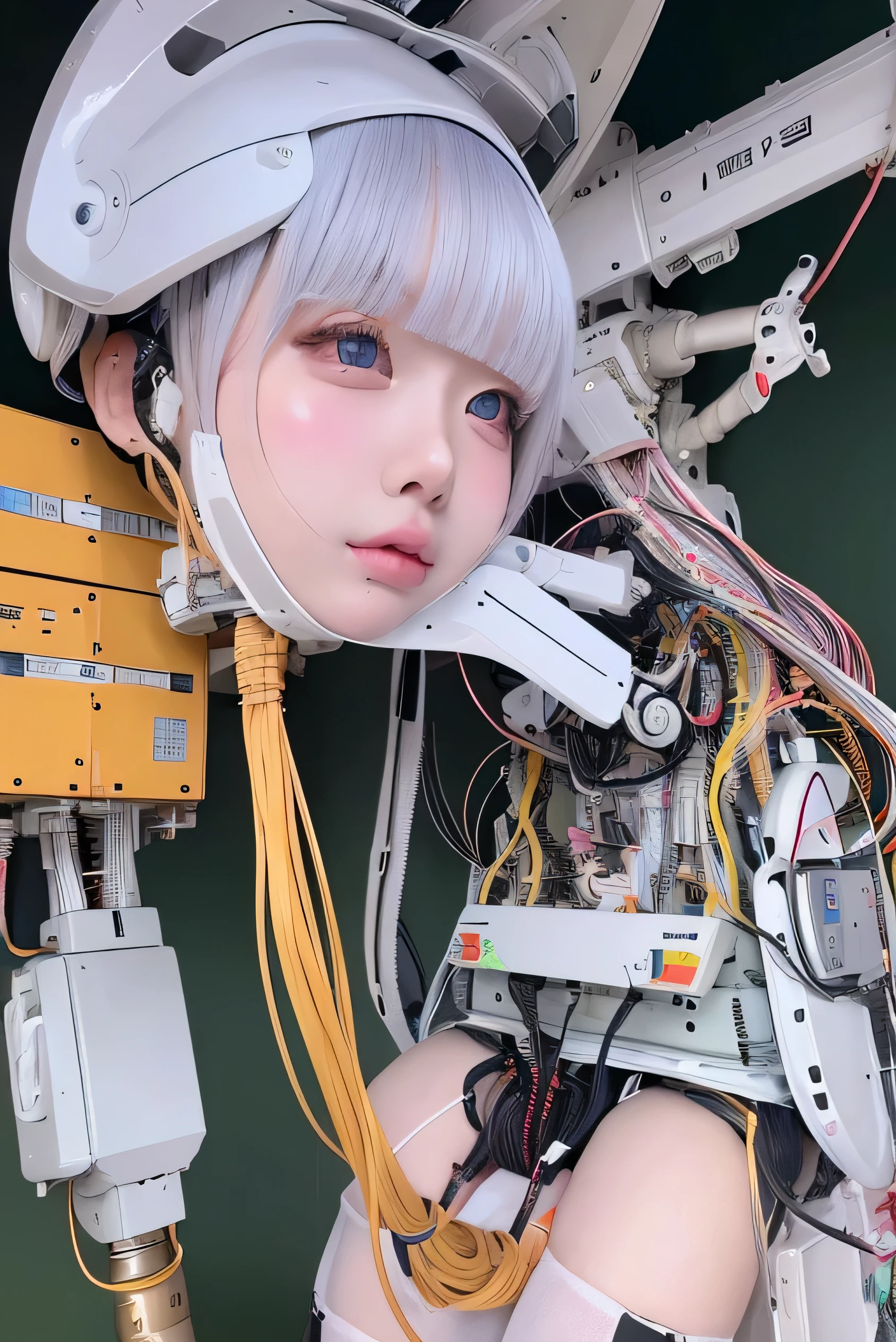 masterpiece, best quality, extremely detailed,portrait,front view,Japaese android girl,Plump,pastel color uniform, control panels,android,Droid,Mechanical Hand, Robot arms and legs,Blunt bangs,long tube,thick cable connected her neck