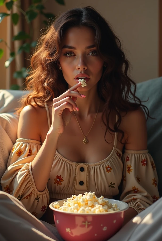 (photorealism:1.2), beautiful woman, ( colorful home clothes ), biting nails, at home, living room, eating popcorn, long curly hair, indoors, soft lighting, relaxed pose, realistic, intricate details, warm colors,