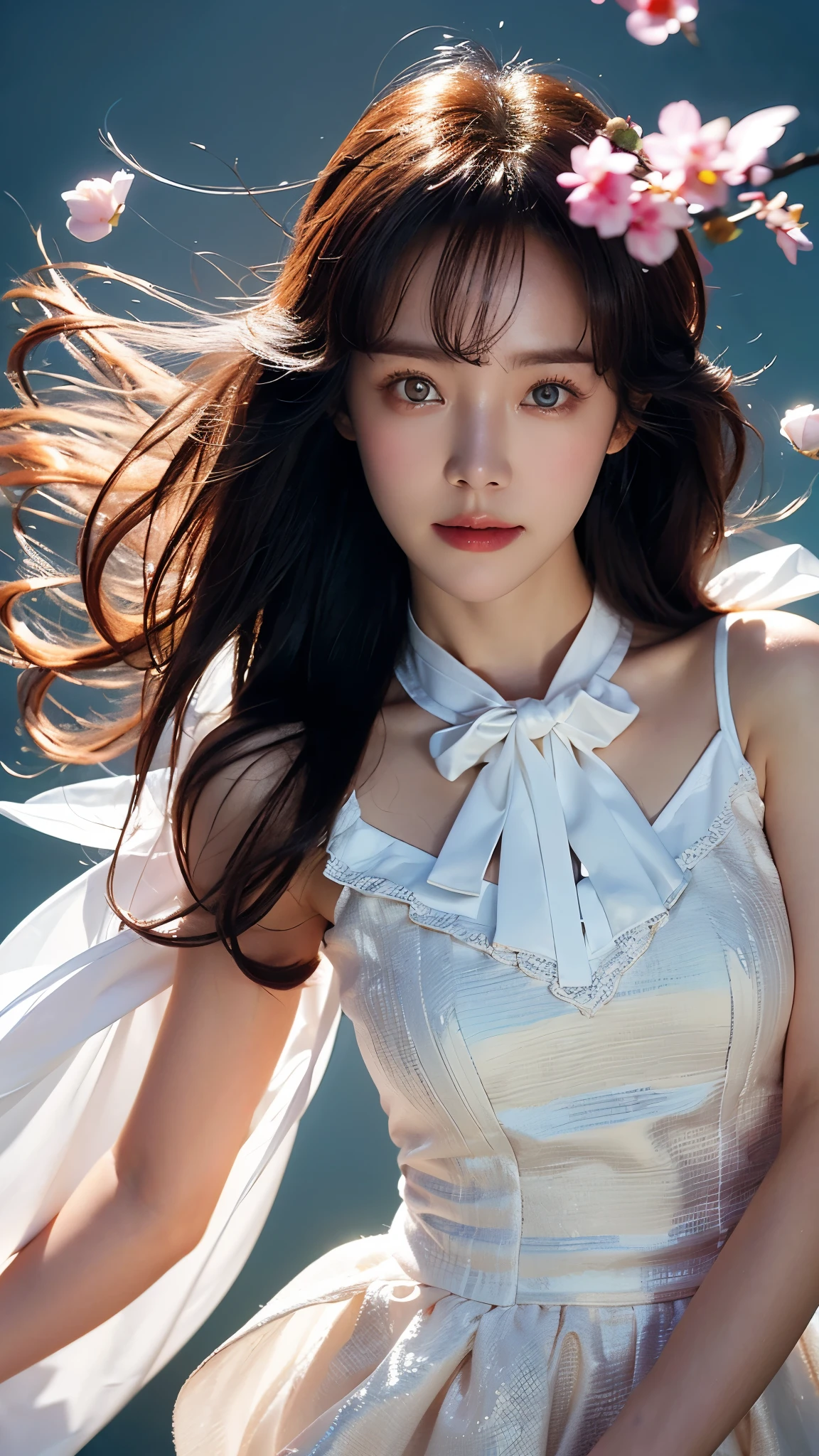 (masterpiece), (best quality), (ultra detailed),(disheed hair),(illustration), (1girl), (Fashionable clothing), standing, Fashion model, looking at viewer, (interview), (simple background), Beautiful detailed eyes, delicate beauty, floating, (high saturation), (colorful splash), colorful bubbles, (shine), focus on the face, Ayaka Kamisato, bangs, scrunchies, floating flowers, flowing hair, (shiny), best lighting, best shadows, perfect hands