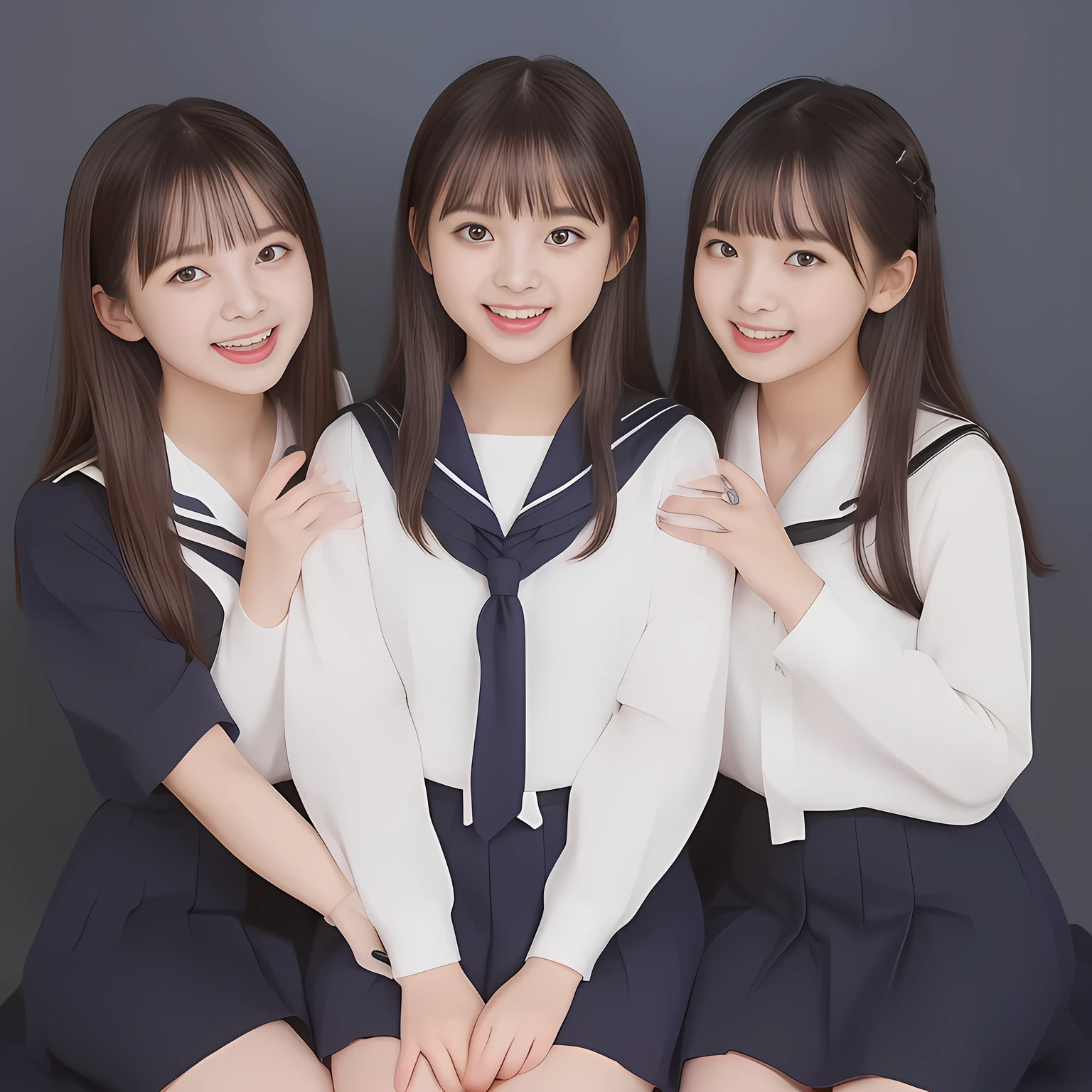 (Highest quality, masterpiece:1.2), Highest quality, High resolution, 1080P, 8k, (Two yo Japanese 美少女アイドル are seated and give strong subliminal sexual invitation and temptation, undressing navy uniform, cute skirt with beautiful knees, looking at the viewer, can't stop showing cute smile open mouth because of feeling the viewer too ridiculous, very white-white face, very proud of her long straight black hair, using face-whitening cosmetics, 13 美少女's eyes, Small pupils, opened laughing giggling most open mouth, too expensive navy sailor-styled school uniform, well-straitened super-long well-trimmed long hair, evenly neatly trimmed girly cute bangs: 1.5), (Laughing blushed cheeks with dimples), (Well-balanced, impressive, very intelligent, double-eyelids, black shining large eyes of 14yo 美少女 with detailed: 1.5), ((Beautiful well-figured glossy opened laughing lips: 1.2)), (mature breast), (The viewer can't stop madly kissing them because of her beauty and subliminal strong invitation), (Very beautiful, super-glossy, cute neat black amazingly long hair, straight well-done long hair-style: 1.3), (plain blue background: 1.6), (((Completely balanced beautiful big cool eyes, looking coldly at me!: 1.3))), (eyes, face and hair are especially beautifully detailed and beautifully drawn: 1.5), (The soft white light clearly shows her face extremely white: 1.2), (the viewer become crazy and can't stop bursting and running every liquid to 美少女, Beautiful girl is surprised : 1.7), (School uniform, too-cute slender 13歳 super-long-hair Japanese 美少女 idol twins are laughing at me and covering viewer, super-widely open laughing mouth, everything is girly, neat and too beautiful: 1.6), (Super long hair super-beautiful １３ year-old beautiful girl super-cute face navy-sailor-suit school-uniform pretty slender young idol of beautiful girl photo magazine in the 1990s: 2.0), (Inevitable subliminal invitation and temptation to the eternal deep deep unreal pleasure of 美少女催眠)