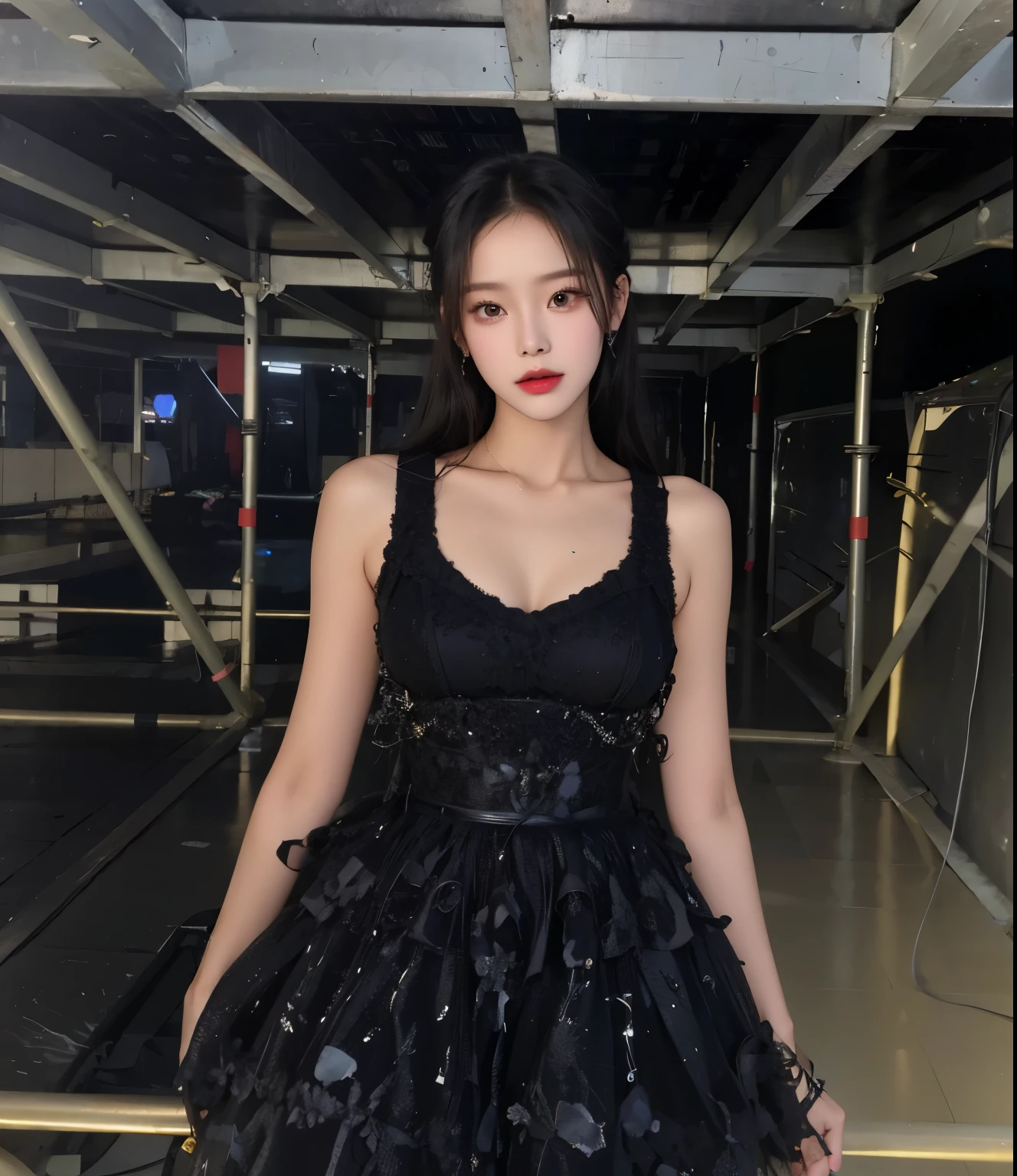 arafed woman in a black dress standing on a metal platform, blackpink jennie, jossi of blackpink, she is wearing a black dress, heonhwa choe, roseanne park of blackpink, gongbi, portrait of jossi of blackpink, jisoo of blackpink, seseon yoon, kimi takemura, jisoo from blackpink, kiko mizuhara