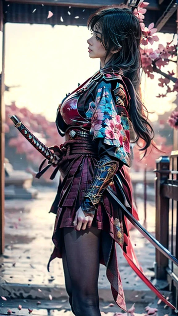  Sexy female character dressed as a warrior from the Sengoku period 、((toned body))、 toned body、 a sexy female character dressed as a warrior from the Sengoku period 、 The sakura-colored armor with a cherry blossom pattern engraved on it is a bikini type and is designed to accentuate chest exposure、 wearing a pink cloak 、 sakura-colored super miniskirt 、A shin guard with cherry blossom petals engraved on it、red high leg underwear、Sakura-colored tights 、 absolute domain、(full body)、((dynamic angle)) 、((  wielding the sword powerfully 、sweat drips down my forehead、The wind blows through like a rough 々 、 part of the armor is swaying 、 the sword shines sharply when illuminated by the sunset 、 the sense of tension at the moment you swing it down dominates the air 、 A scene where powerful action and samurai dignity are emphasized))、 Strong yet elegant atmosphere 、She holds a sword with sharp eyes 、 The background is a battlefield with cherry blossoms scattered all over 、 she has plump breasts and plump thighs 、 Super high resolution and realistic touch 、 shiny armor and fabric texture 、 depicts dynamic poses in every detail 、