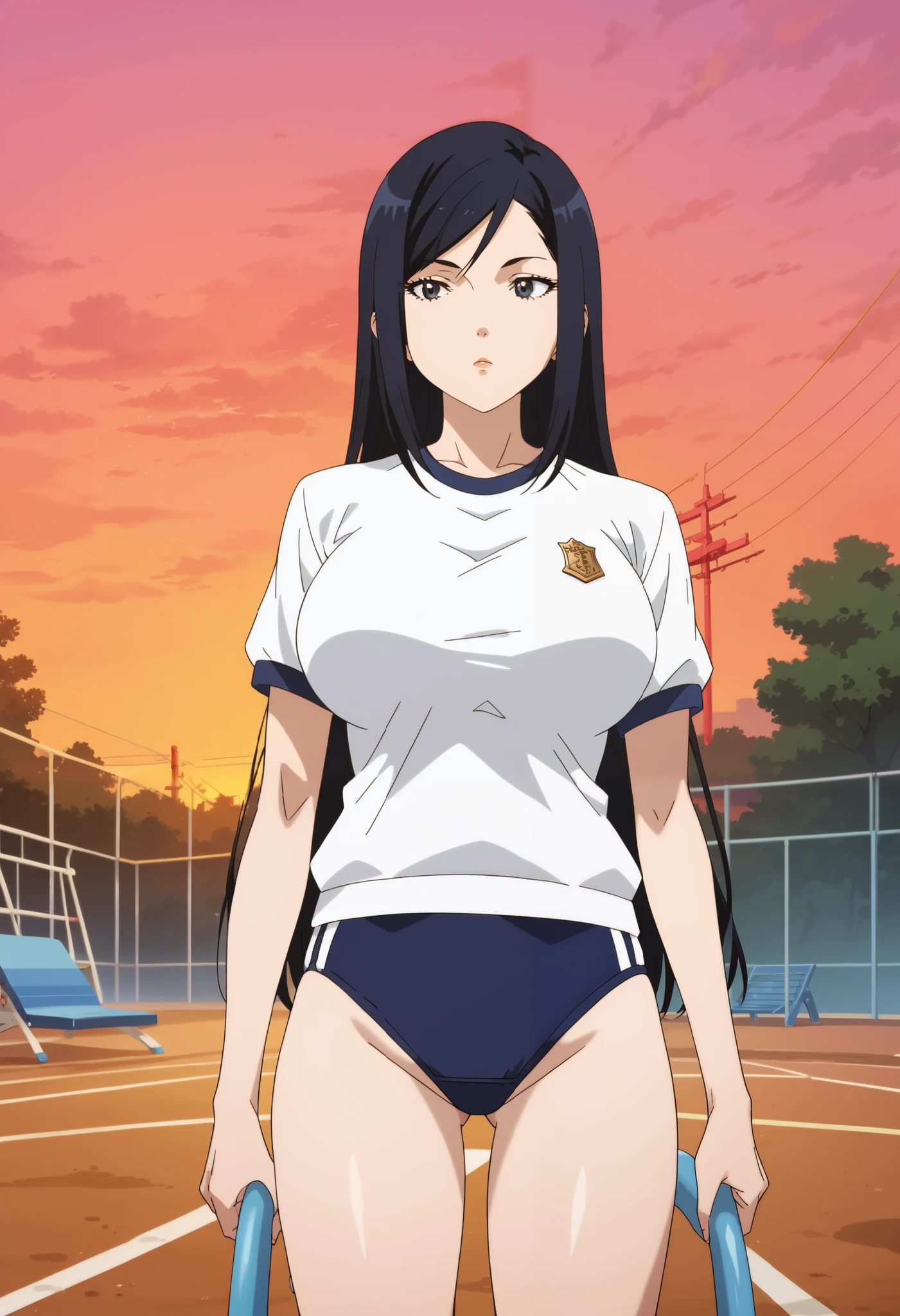 score_9, score_8_up, score_7_up, score_6_up, score_5_up, score_4_up, masterpiece, best quality, very aesthetic, absurdres, source_anime, anime screencap, 1990s \(style\), BREAK (1girl,), mari kurihara, black eyes, long hair, black hair, (wearing navy buruma, short sleeve white gym uniform with colored hem:1.15), ultra huge breasts, ultra huge cleavage, ultra huge tits, ultra huge boob, exterior, outdoors, ultra realistic exterior of playground in school, ultra detailed exterior of playground in school, tennis coat, (evening time, sunset), standing, (expressionless face),