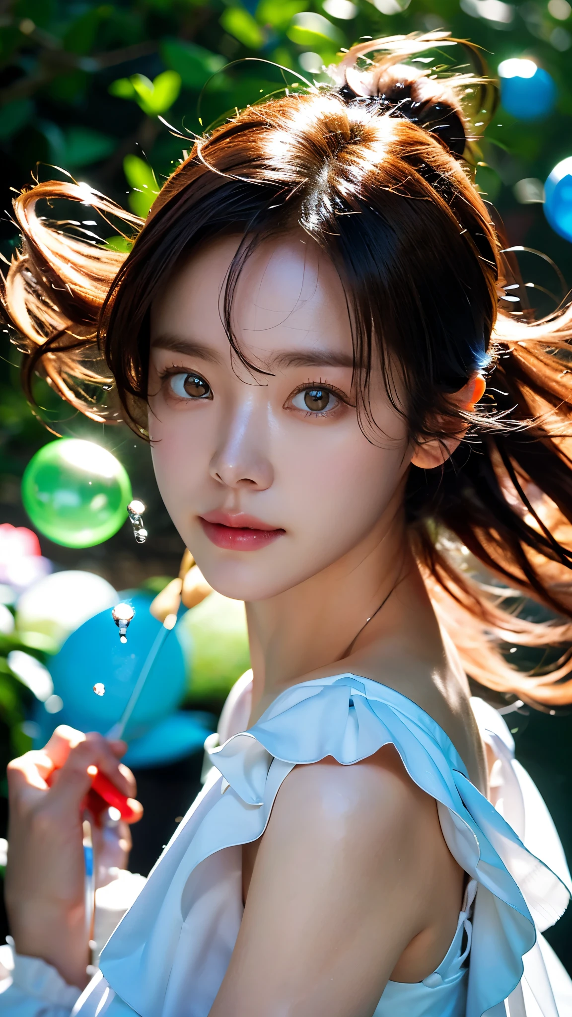 (masterpiece), (best quality), (ultra detailed),(disheed hair),(illustration), (1girl), (Fashionable clothing), standing, Fashion model, looking at viewer, (interview), (simple background), Beautiful detailed eyes, delicate beauty, floating, (high saturation), (colorful splash), colorful bubbles, (shine), focus on the face, Ayaka Kamisato, bangs, scrunchies, floating flowers, flowing hair, (shiny), best lighting, best shadows, perfect hands