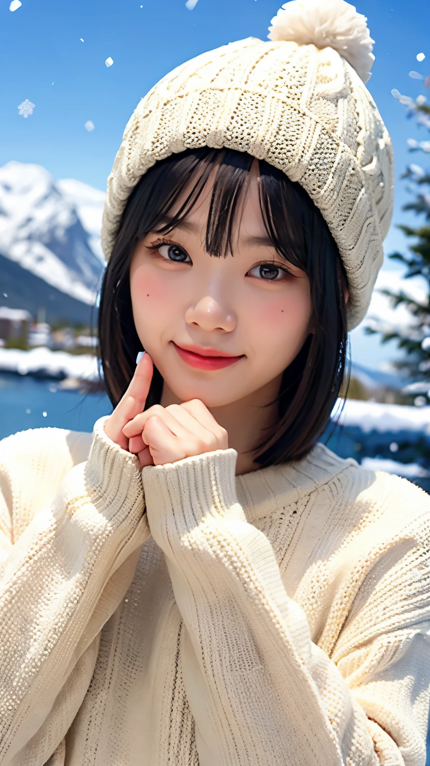 A heartwarming winter scene of a woman with a short bob hairstyle, wearing a knit sweater and hat, playfully catching snowflakes on her hand in a snowy mountain setting. Her short bob peeks out from under the hat, adding charm to her joyful expression. The sweater and hat are textured with detailed cable-knit patterns, and the background features majestic mountains and softly falling snow, creating a magical winter atmosphere.