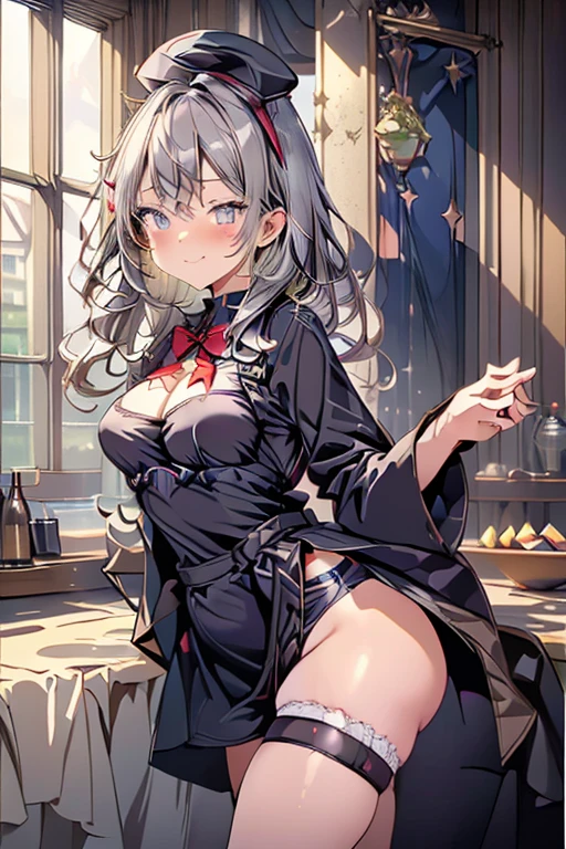 (perky chest:1.2), (pointed chest:1.2),(((Black Tunic:1.3))),(((cakes and bread in the basket),Cute and beautiful girl,(masterpiece), 1girl, solo, adult female, perfect adult female body, (sexy and seductive pose:1.3), bar interior at morning, countertop, plants on shelf, long wavy hair, silver hair,detailed eyes, blue eyes, smiling mouth closed, black waist coat, red bow Black business pants,garter stocking, bootyshorts, black shorts, black thighhighs, thigh strap,(with sparkling eyes and a contagious smile),open mouth, highest quality, high resolution,Real World, Natural light,perfect Natural light, Looking at Viewer,
