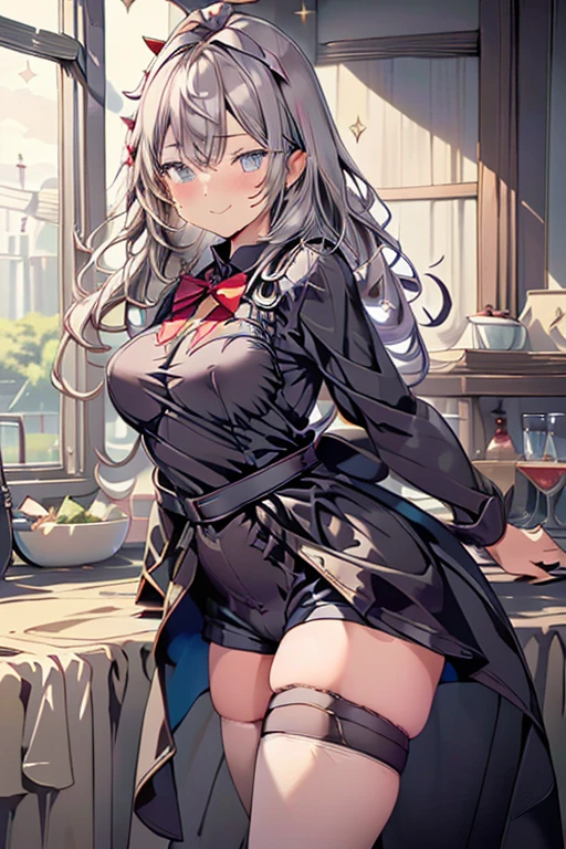 (perky chest:1.2), (pointed chest:1.2),(((Black Tunic:1.3))),(((cakes and bread in the basket),Cute and beautiful girl,(masterpiece), 1girl, solo, adult female, perfect adult female body, (sexy and seductive pose:1.3), bar interior at morning, countertop, plants on shelf, long wavy hair, silver hair,detailed eyes, blue eyes, smiling mouth closed, black waist coat, red bow Black business pants,garter stocking, bootyshorts, black shorts, black thighhighs, thigh strap,(with sparkling eyes and a contagious smile),open mouth, highest quality, high resolution,Real World, Natural light,perfect Natural light, Looking at Viewer,
