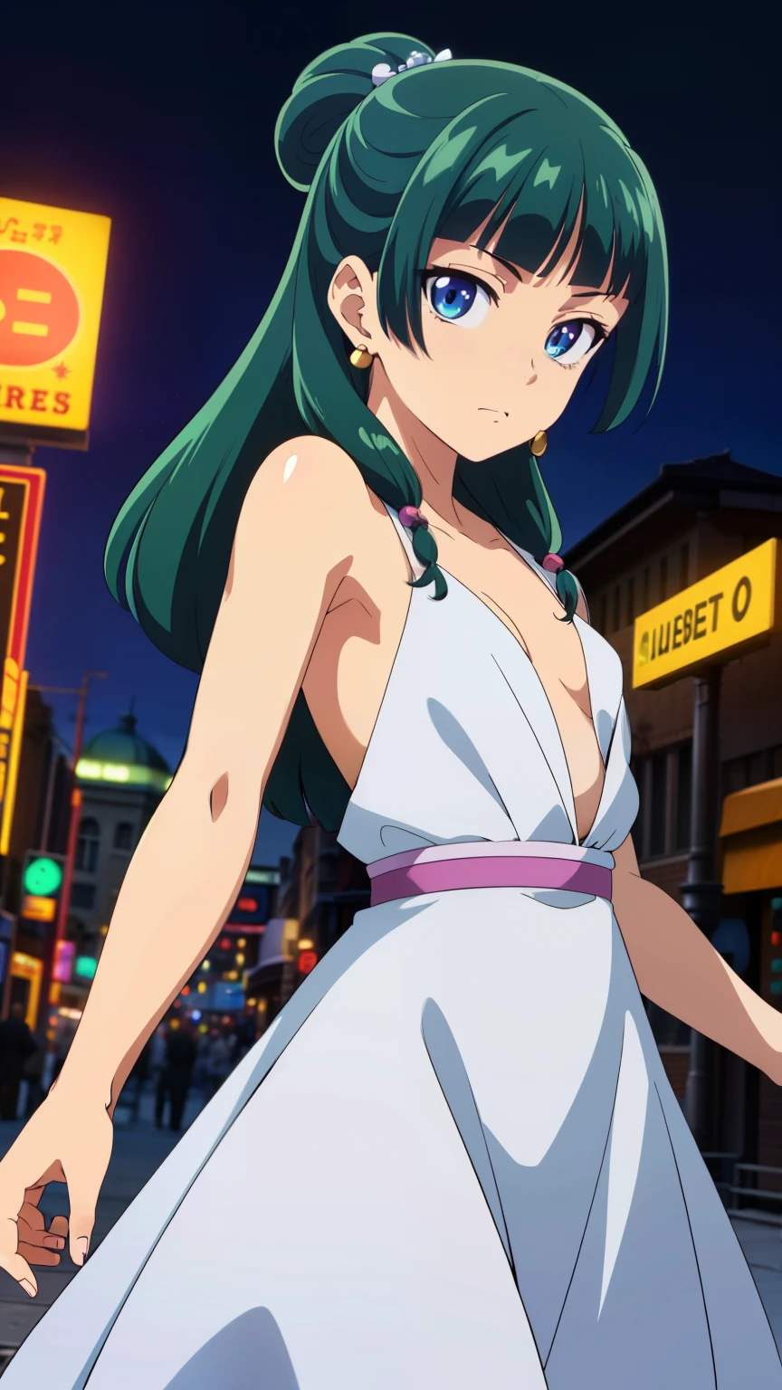 Top quality (8k, high resolution, masterpiece: 1.2), super detailed, anime art style, dynamic angle, (green hair, blue eyes:1.3), (w00lj4ck3t, dress, town, street corner), (small medium breast:1.2), detailed green hair, detailed blue eyes, intricate hairstyle, long hair, slim body, perfect eyes, youthful, hair accessories, earrings, half-updo, slightly dull bangs, detailed lighting, bright colors, looking at the viewer, in the center of the image, (cowboy shot:1.3),