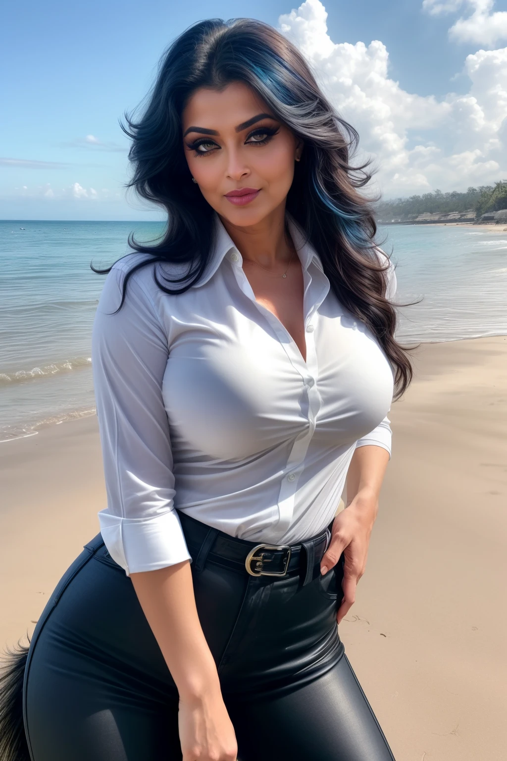 50 yo ((MILF)) Aishwarya Rai, ((realism)), lips, detailed background, 1girl,  srfc,(kneeling:1.2), sandy beach, (legs spread), curvaceous fit body, thick thigh, thick legs, big ass:1.5, natural breasts, wearing a leather jacket, studded choker, ash hair, open jacket, (soft smile)