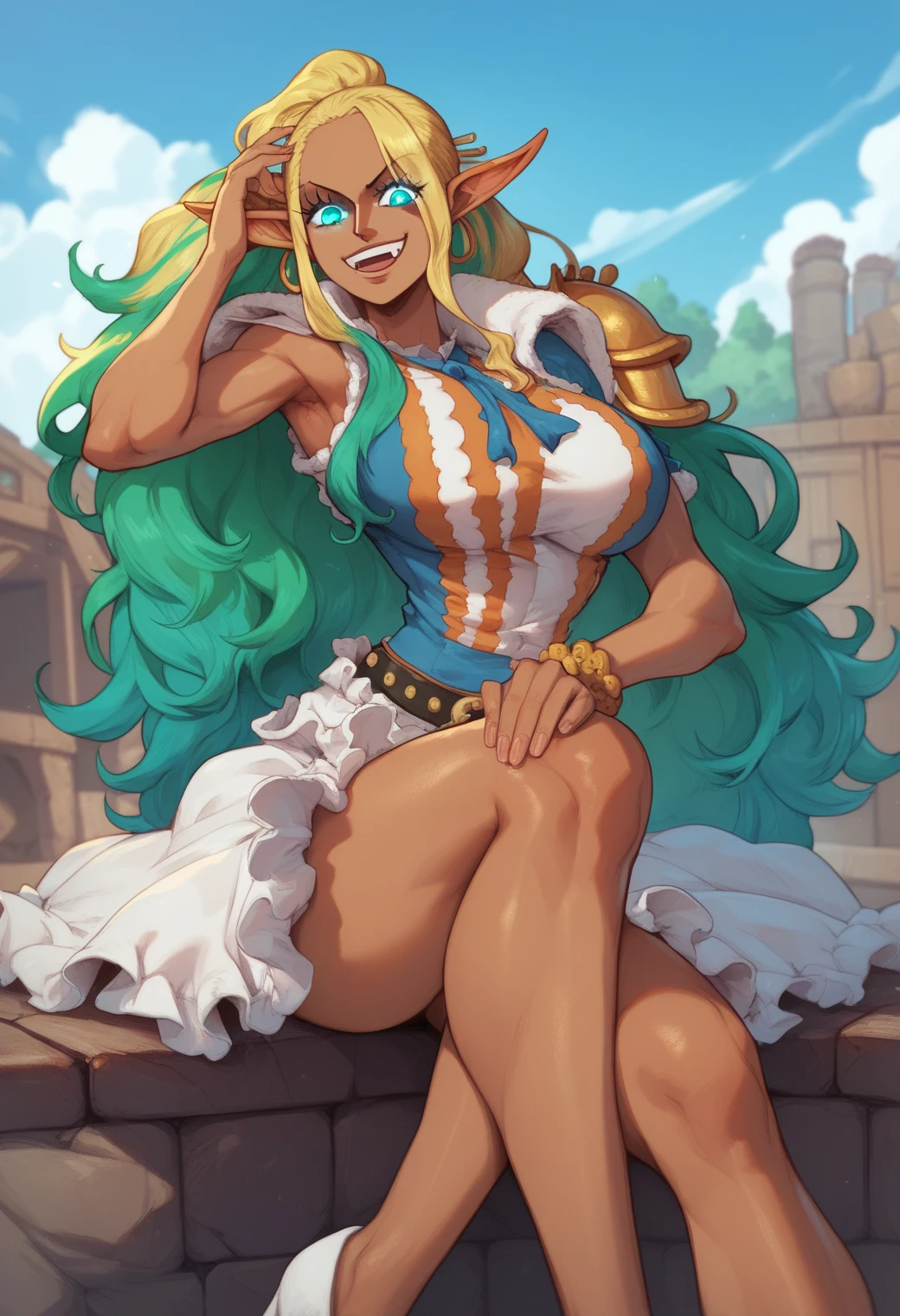 Girl with blue-green hair with blonde highlights dressed in scratched pirate clothes, with elf ears, hentai body, glowing eyes, fanged smile, sitting on a stone, tanned, long hair, style one piece
